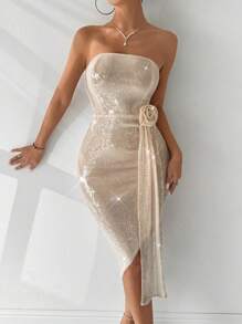 Zolique Women's Glitter Decorated Flower Applique Simple Daily Strapless Dress - Apricot - View 4