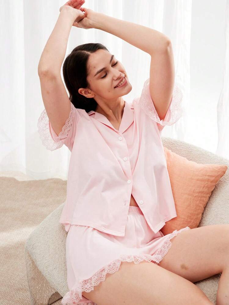 Wedding Essential Elegant Lace With Button Up Short Women Bridesmaid Pink Airy Pajama Set Lounge Sets For Women Lingerie Bridal Intimates Boxer Set,Spring And Summer Wedding Items