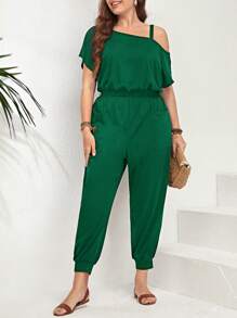 SHEIN LUNE Plus Size Solid Color Asymmetric Neckline Jumpsuit With Pockets, Summer Casual - Dark Green - View 4
