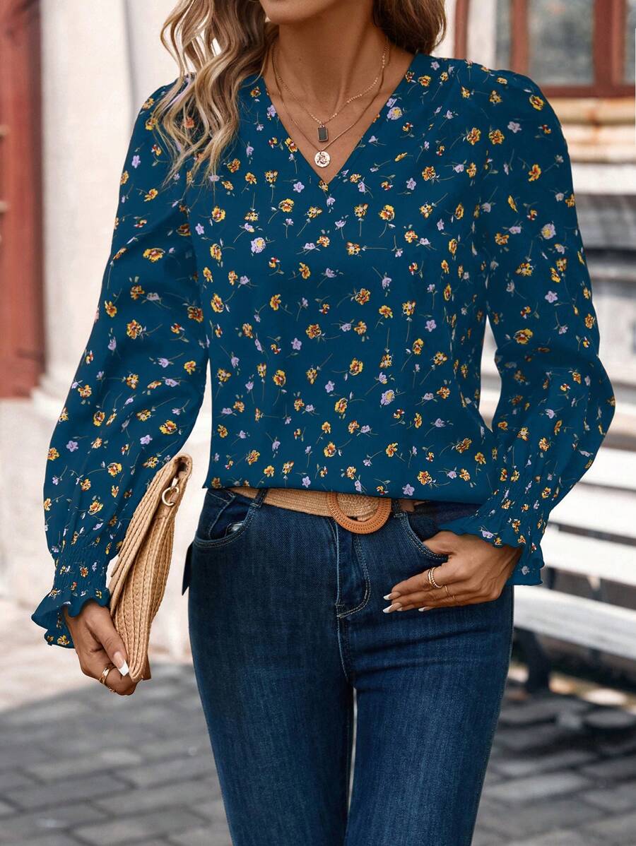 SHEIN Frenchy Women's Summer Vacation Leisure Allover Print Long Sleeve Shirt,Graphics Woman Shirts,Spring Floral Dresses,Long Sleeve Tops