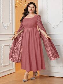 Modelyn Plus Size Solid Color Shirred Side Split Sleeve Dress, Ideal For Banquets, Wedding/Occasion/Ceremony/Evening Elegant Long Party Dress - Rusty Rose - View 3