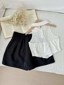 Tween Girl Elegant Sleeveless Halter Neck Top And Pants Set With Backless Design - Black and White - View 2