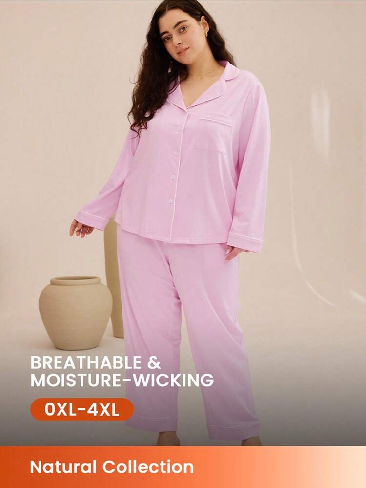 Women Plus Wedding Essential Soft Cotton & Modal Bridal Pink Basic Long Pink Pajama Set Lounge Set Bridal Intimates Fall Pajamas
