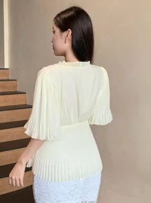 DAZY 女士雪纺短袖衬衫裙，适合派对、返校活动，荷叶边 - 米色 - 查看 5