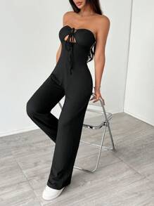 Flirla Solid Color Summer Sexy Tube Top Y2K Texture Fabric Casual Jumpsuit - Black - View 4