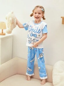 Ensemble décontracté 3 pièces pour jeune fille imprimé lapin bleu et blanc avec pantalon long, short et haut de détente