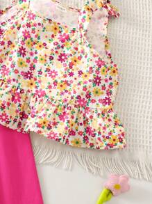 SHEIN LMoss Kids Conjunto de blusa regata floral estampada e calça casual solta para meninas LMoss