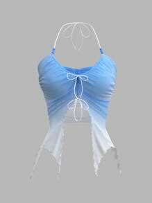 SHEIN ICON Women's Summer Ombre Blue Halter Neck Top With Front Drawstring And Asymmetrical Hem - Multicolor - View 1