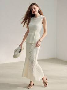 MOTF PREMIUM 實心針織麻花邊美人魚下擺針織裙 - 白色 - 查看 5