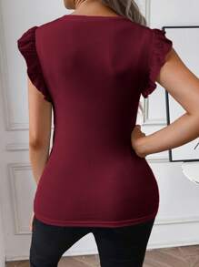 SHEIN Maternity Plain Crew Neck Cap Sleeve Casual Ribbed T-Shirt - Burgundy - View 2