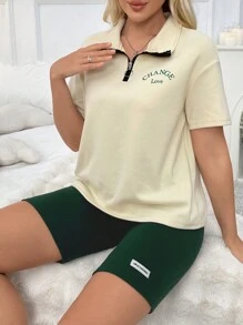 Letter Printed Zipper Half Placket Polo Collar Short Sleeve Top And Shorts Set Sports