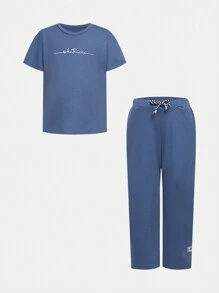 SHEIN Conjunto Casual De Camiseta De Manga Corta Y Pantalón Con Estampado De Letras Para Jóvenes