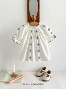 Cozy Pixies Blue Bohemian Embroidery Pattern Baby Girl's Casual Lantern Sleeve Top With Ruffle Collar, All-Match And Versatile, Suitable For Outdoor, Home, And Vacation Wear In Summer - White - View 1