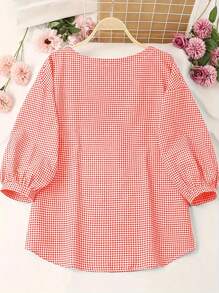 SHEIN LUNE Camisa casual de manga larga con estampado de cuadros para mujer con cuello redondo - Rojo - Ver 2