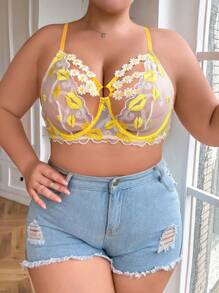 唇形刺繡大尺碼有鋼圈內衣文胸 - 黃色 - 查看 5