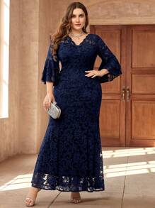 Plus Size V-Neck Ruffle Sleeve Floral Lace Mermaid Maxi Dress, Suitable For Valentine's Day, Wedding Guest, Prom, Birthday, Holiday, Graduation Ceremony, Gala And Other Occasions - Navy Blue - View 2