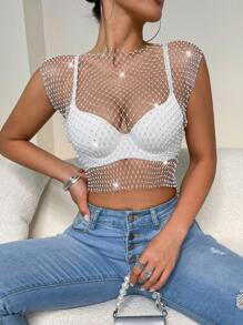 Stand Collar Solid Color Rhinestone Decor Sexy Sheer Blouse - White - View 1