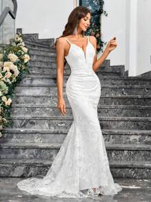 Vestido de Renda Decorado Simples e Sem Mangas de Cor Sólida para Mulheres, Material Não Elástico, para Casamento e Uso Diário, Noiva
