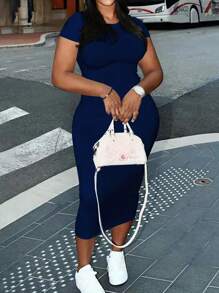 SHEIN Váy ngắn tay đơn giản hàng ngày màu trơn dành cho nữ cỡ lớn - Xanh đậm - Xem 1