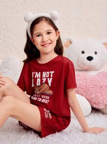 SHEIN Tween Girl Summer Casual Cute Animal & Letter Printed Short Sleeve T-Shirt And Shorts Knit Pajama Set (Flame Retardant) - Burgundy - View 6
