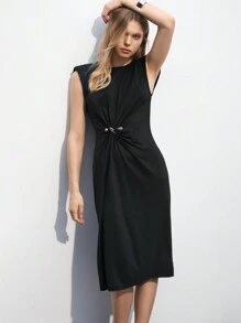 Maija Women's Summer Fashion Metal Decorated Twist Waist Wide-Shouldered Dress