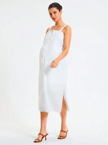 SHEIN MaterniWear 孕婦文雅通勤肩帶V領前鈕側開叉孕婦連衣裙 - 白色 - 查看 2