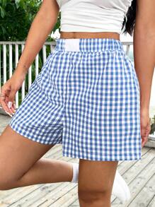 Muchica Shorts Xadrez Azul e Branco de Cintura Elástica - Azul - Visão 5