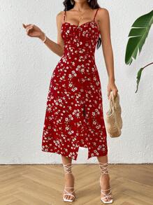 SHEIN VCAY 女式夏季假日花卉印花側開叉搭扣裙 - 紅色 - 查看 3