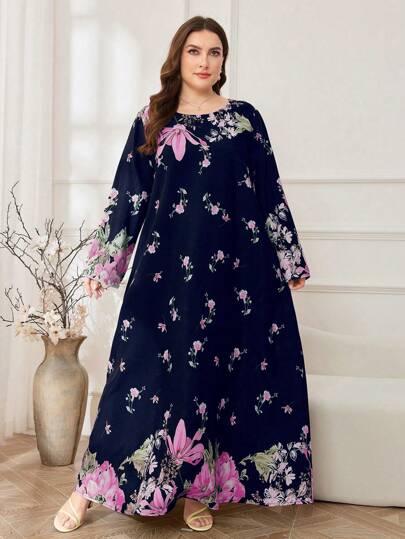 Lacomfia 大码女式随机印花简约阿拉伯日常朴素长袖连衣裙