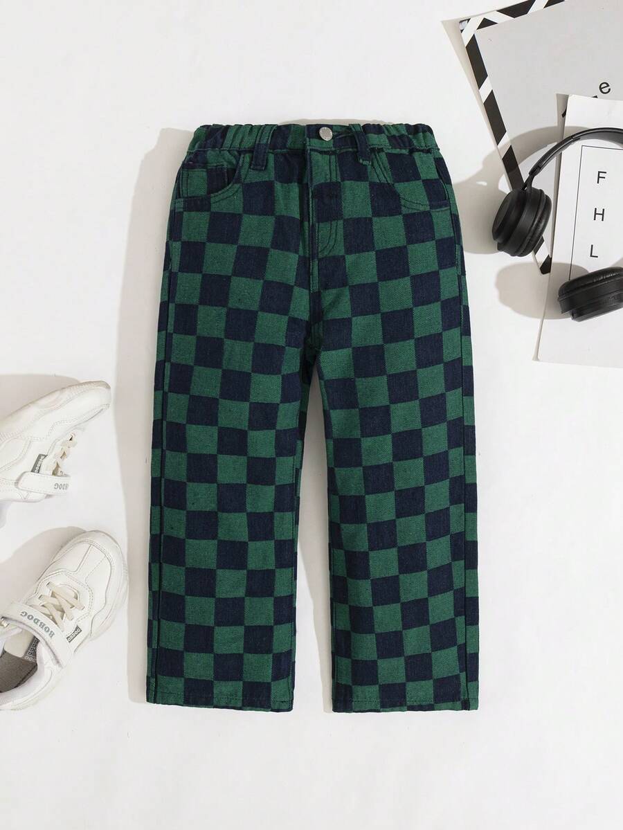 SHEIN Young Boy Green Fashionable Casual Checkerboard Design Denim Long Baggy Boy Jeans For Vacation And Dailywear Cute Summer Clothes For School - Multicolor - View 1