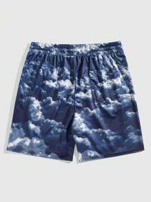 ROMWE MEN Street Life Men's Drawstring Waist Sky Letter Print Stylish Casual Shorts, Football Style, School - Navy Blue - View 2