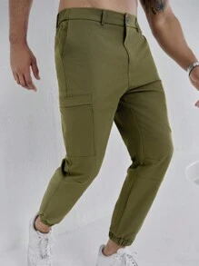 Manfinity Homme American Style Solid Color Casual Cargo Jogger Pants - Army Green - View 5