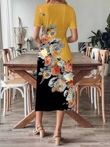 EMERY ROSE Casualowa, prosta, długa sukienka z dekoltem w kształcie litery V, z krótkim rękawem, odpowiednia na lato