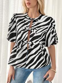 SHEIN Essnce Black And White Zebra Animal Print Bow Tie Women's Blouse 2024, Loose Solid Color Puff Sleeve Pleated Shirt Tops, New Arrivals In Spring Summer Shirt Tie Front