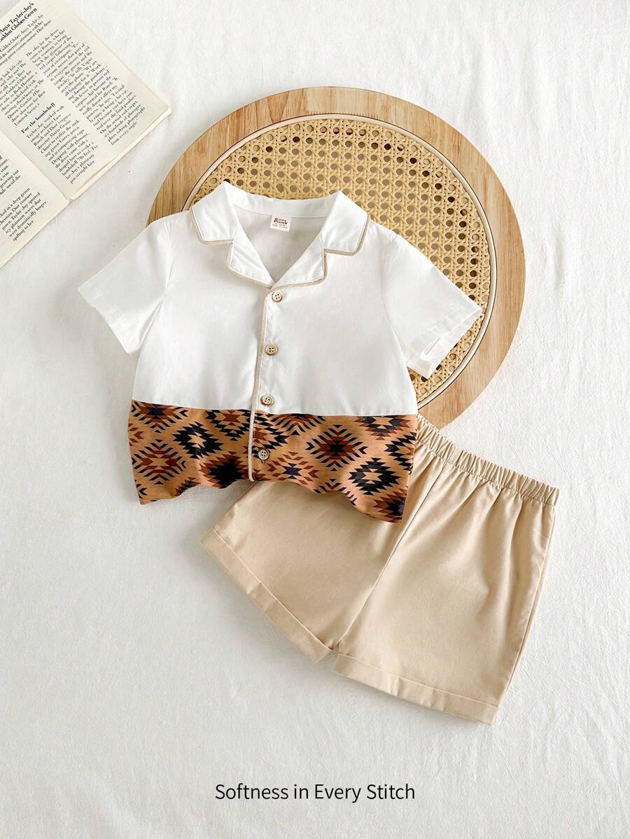 Cozy Pixies Baby Boy Traditional Pattern Color Block Collar Short Sleeve Cardigan And Casual Shorts Outfits Set - Khaki - View 1