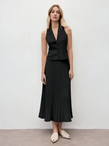BizChic 2025 Summer Women's Apricot Solid Color Sleeveless Lapel Vest & Skirt Set, Romantic Elegant Everyday Fashion Business Casual Commuter Chic Vintage Style Women's Casual Suit, Women's Office Wear In Fall/Winter - Black - View 7
