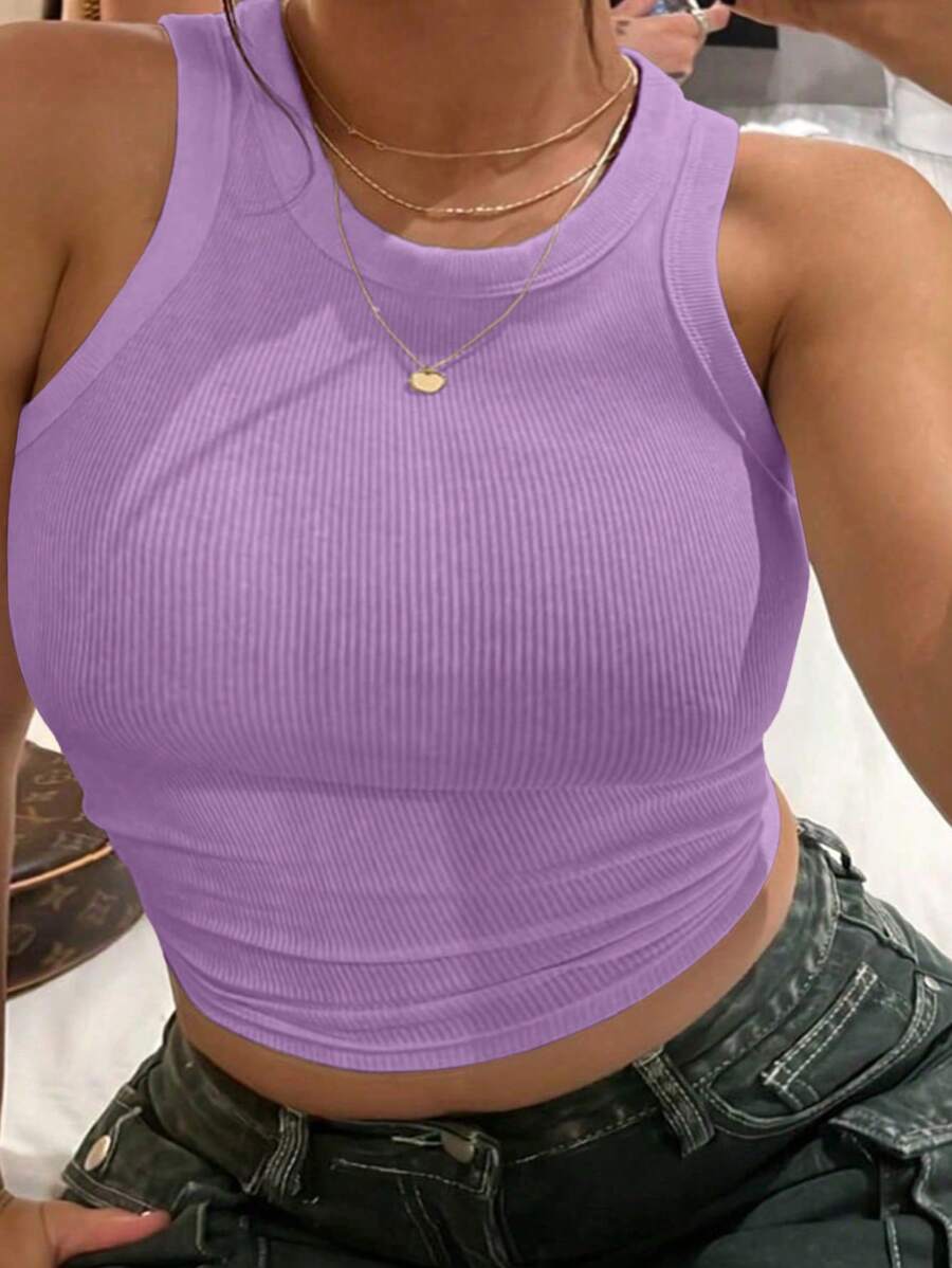 INAWLY Plus Size Women's Solid Color Simple Daily Tank Top - Purple - View 1