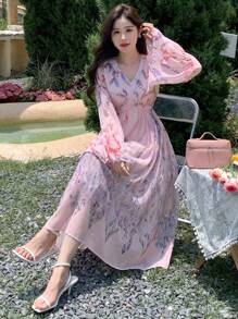 DAZY Vestido de manga larga con estampado floral simple para uso diario, conjunto de ropa de vacaciones con volantes para mujeres en Pascua - Rosa - Ver 6