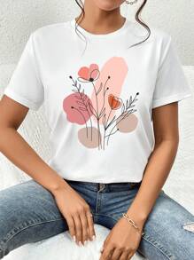 SHEIN Essnce Casual Floral Pattern Loose Fit Round Neck Short Sleeve Women T-Shirt, Suitable For Summer Pullover Suitable For Going Out - White - View 3
