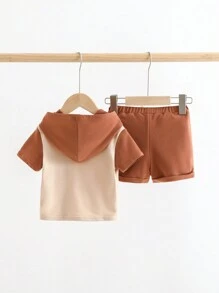 Cozy Pixies Baby Boy's Color Block Short Sleeve Hooded Pullover And Casual Shorts Set With Front Pocket - Apricot - View 2