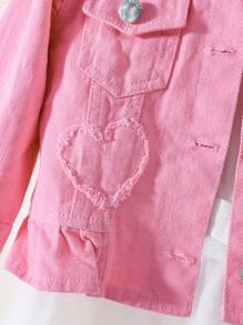 Baby Girl Pink Cute Heart-Shaped Embroidered Denim Jacket With Ruffle Hem - Pink - View 5
