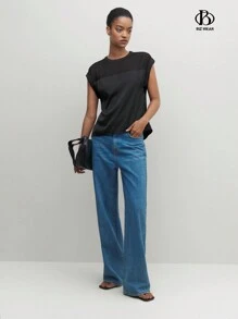 BizChic Women's Summer Solid Color Round Neck Mesh Contrast Batwing Short Sleeve Loose Shirt