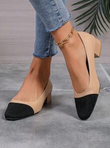 Chunky Heel Patchwork Leather Women's Pumps, Spring/Autumn 2024 New High Heel Patchwork Pointed Toe Shoes