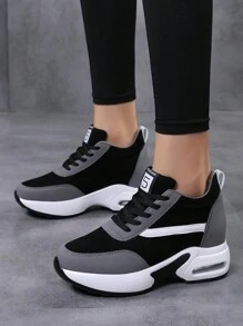 Zapatillas de plataforma para mujer de otoño/invierno, zapatos deportivos cómodos de suela baja con cordones casuales para exteriores - Gris Oscuro - Ver 4