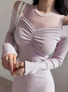 DAZY 女式秋季时尚撞色网眼露肩褶饰紧身连衣裙长袖连衣裙 - 淡紫色 - 查看 4