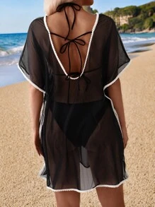 SHEIN Swim ثوب نسائي شيفون من لون واحد بسيط للاستخدام اليومي خلال الصيف - الأسود - مشاهدة 1