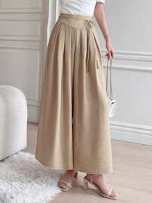 DAZY 女士高腰飘逸阔腿休闲商务裤、返校服、教师裤 - 杏色 - 查看 3