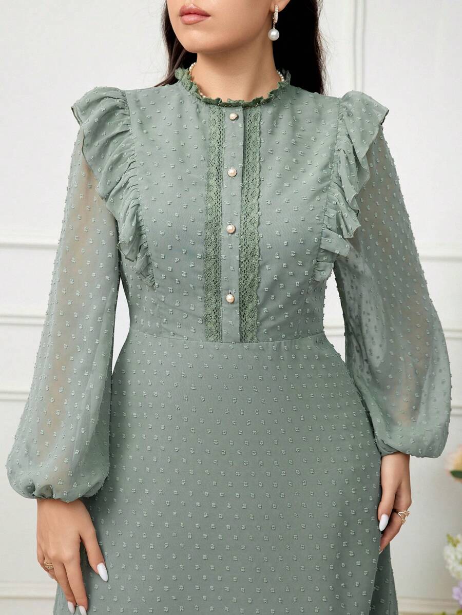 Modelyn Plus Size Women's Fashion Solid Color Long Sleeve Abaya Dress - Olive Green - View 1