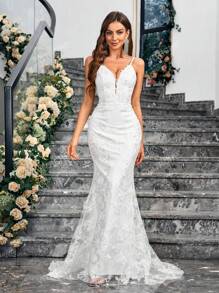Vestido de Renda Decorado Simples e Sem Mangas de Cor Sólida para Mulheres, Material Não Elástico, para Casamento e Uso Diário, Noiva