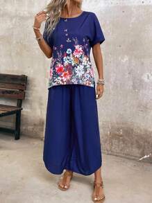 Loose Fit Printed Shirt And Wide-Leg Pants Set With Elastic Waistband - Navy Blue - View 3